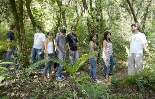 O engenheiro florestal Thiago realiza trilha no Jardim Botânico com os estagiários